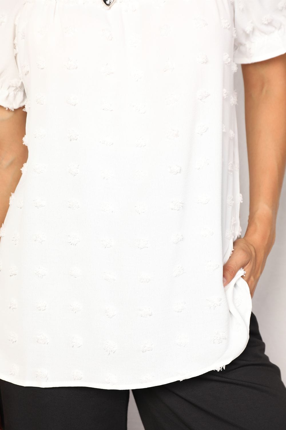 Double Take Full Size White Swiss Dot Puff Sleeve Square Neck Blouse *