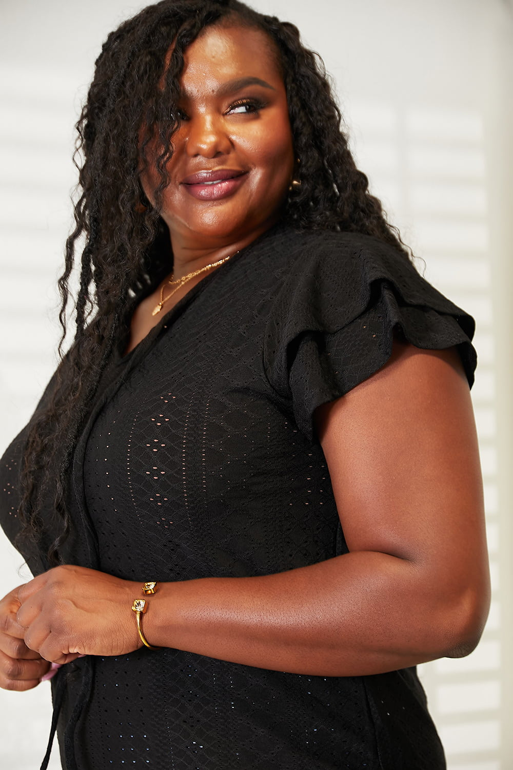 Double Take Black Full Size Eyelet Tie-Neck Flutter Sleeve Blouse *