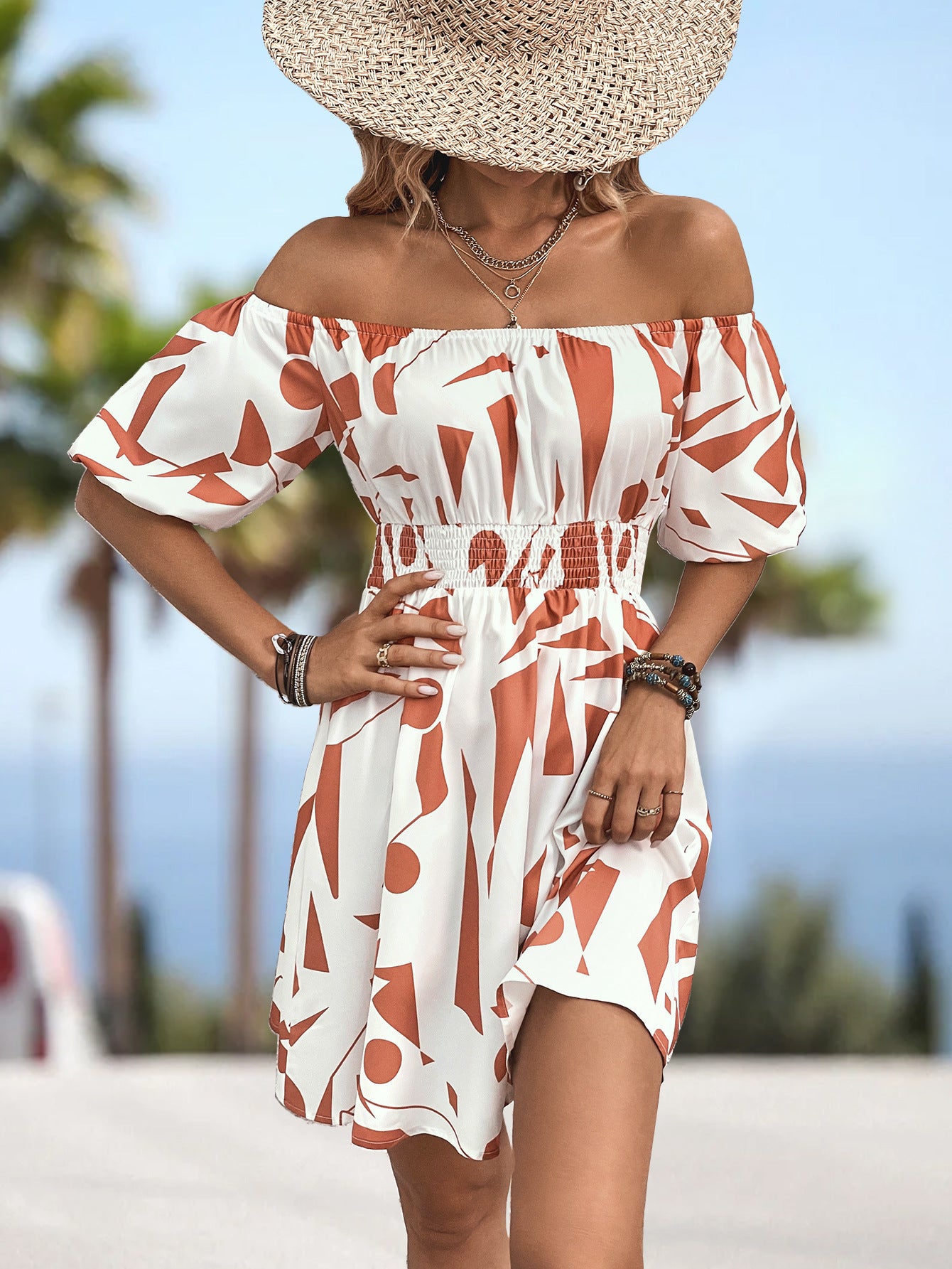 SO SASSY Printed Off-Shoulder Smocked Waist Dress