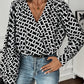 Geometric V-Neck Black Long Sleeve Blouse