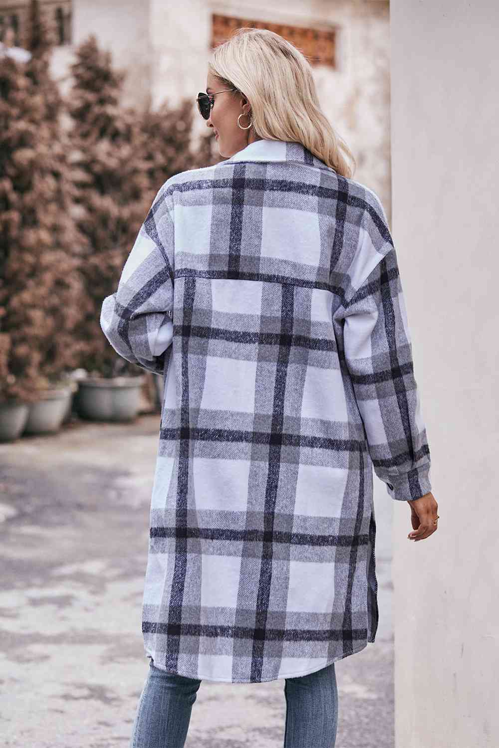 Full Size Plaid Dropped Shoulder Longline Jacket