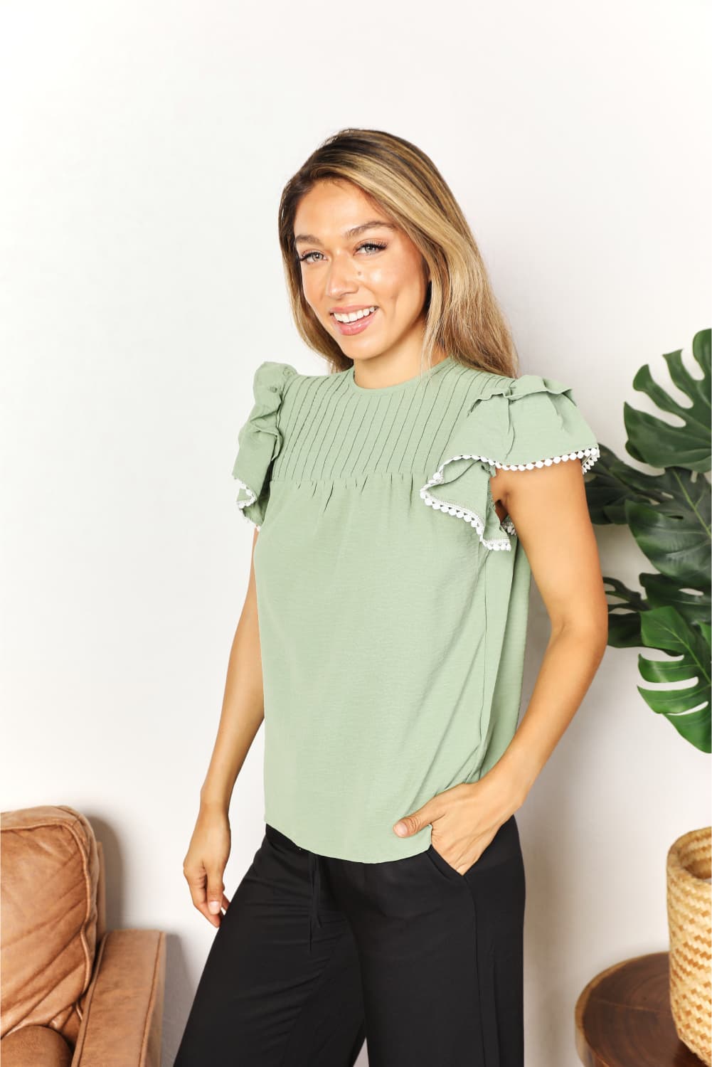 Double Take Gum Leaf Pleated Detail Flutter Sleeve Blouse *