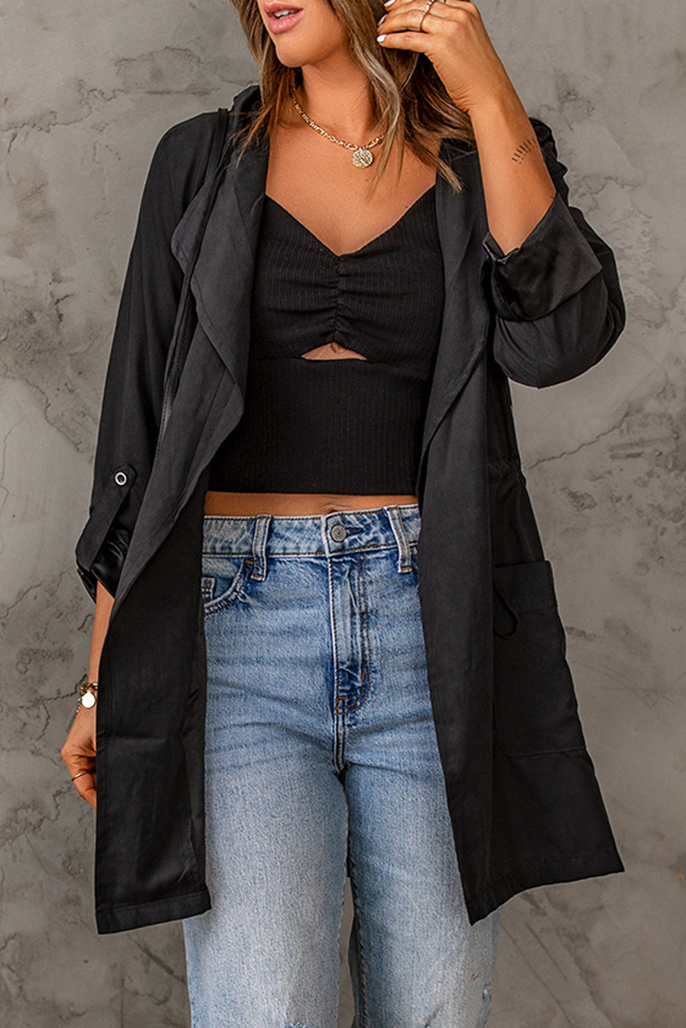 Full Size Drawstring Hooded Longline Jacket