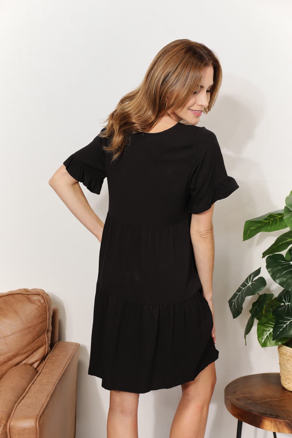 Full Size Double Take V-Neck Flounce Sleeve Tiered Dress *
