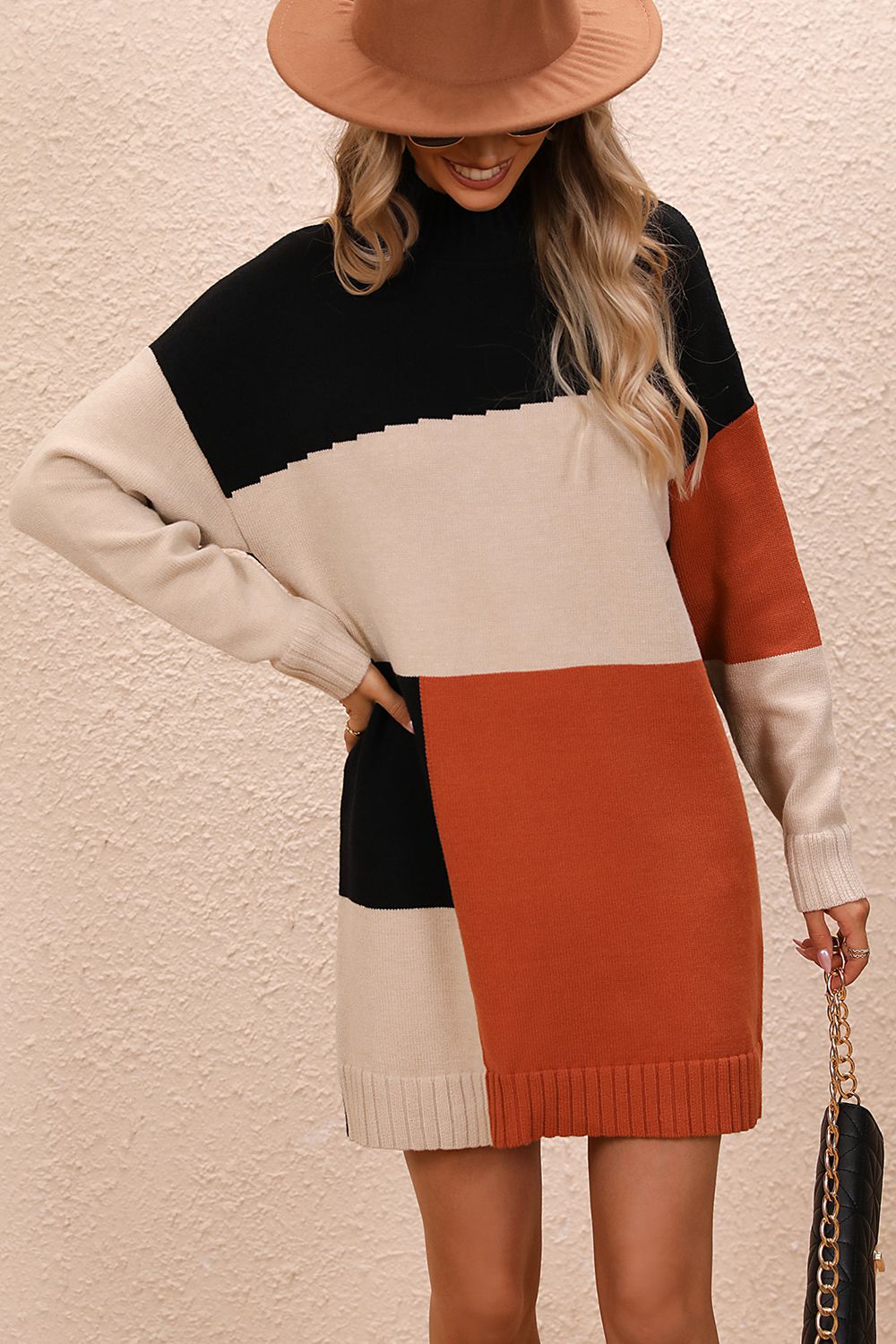 TrendSetEE Color Block Mock Neck Dropped Shoulder Sweater Dress