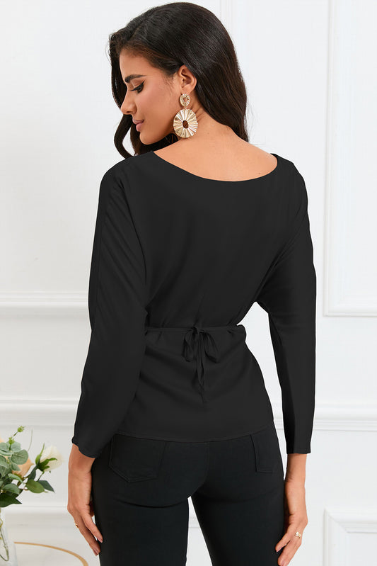Full Size Boat Neck Back Tie Long Sleeve Satin Blouse
