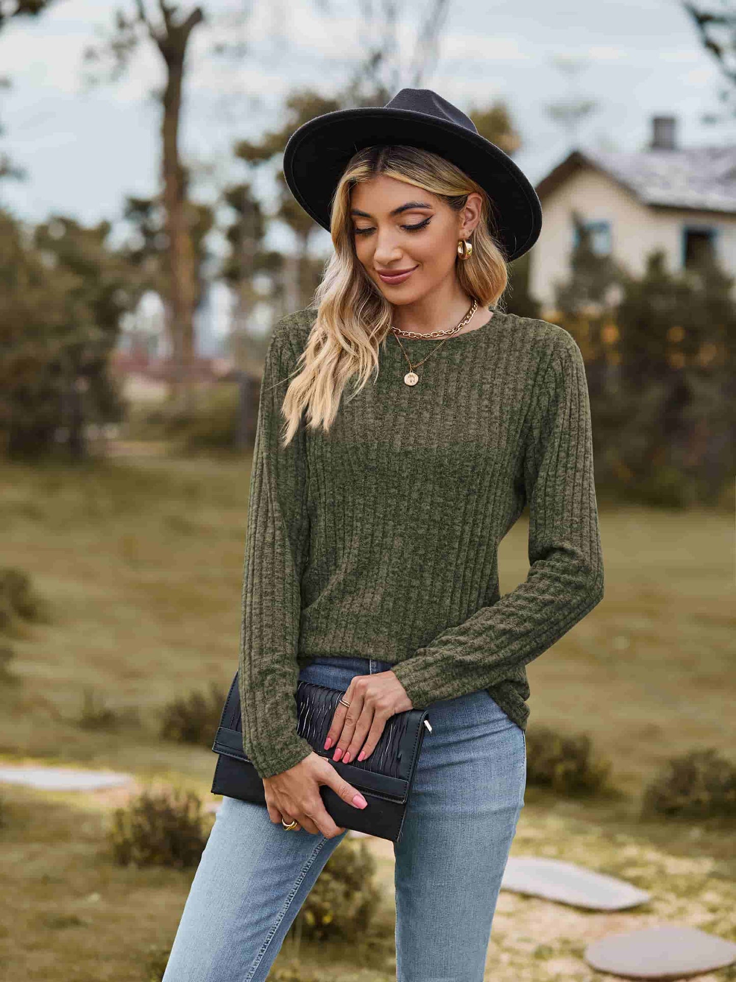 Full Size Ribbed Round Neck Long Sleeve Tee