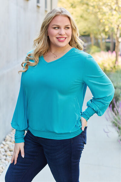 Basic Bae Full Size V-Neck Lantern Sleeve Blouse *