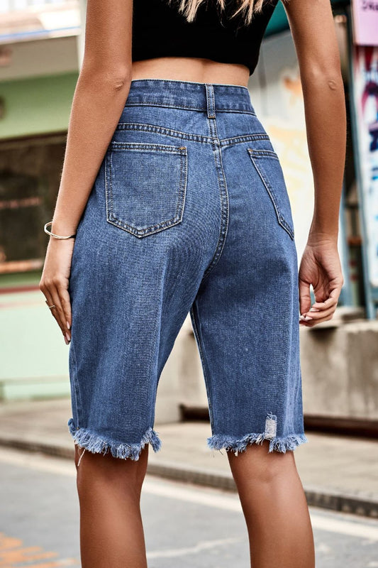 Women's Full Size Raw Calista Hem High Waist Denim Shorts with Pockets