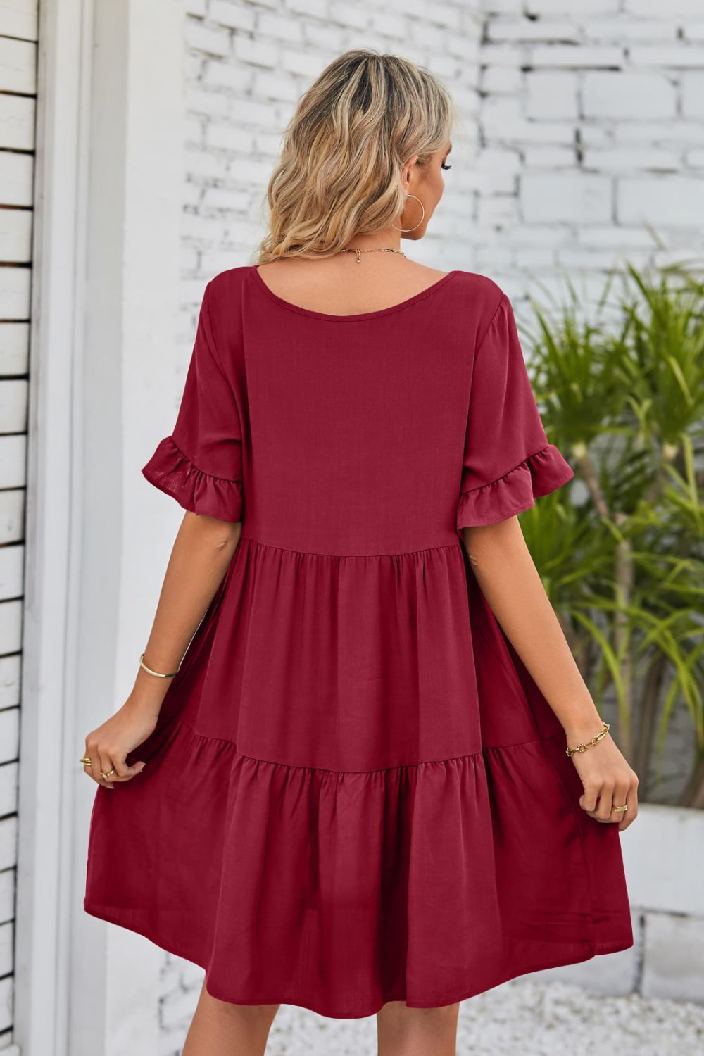 SO BOHO Full Size V-Neck Flounce Sleeve Tiered Dress