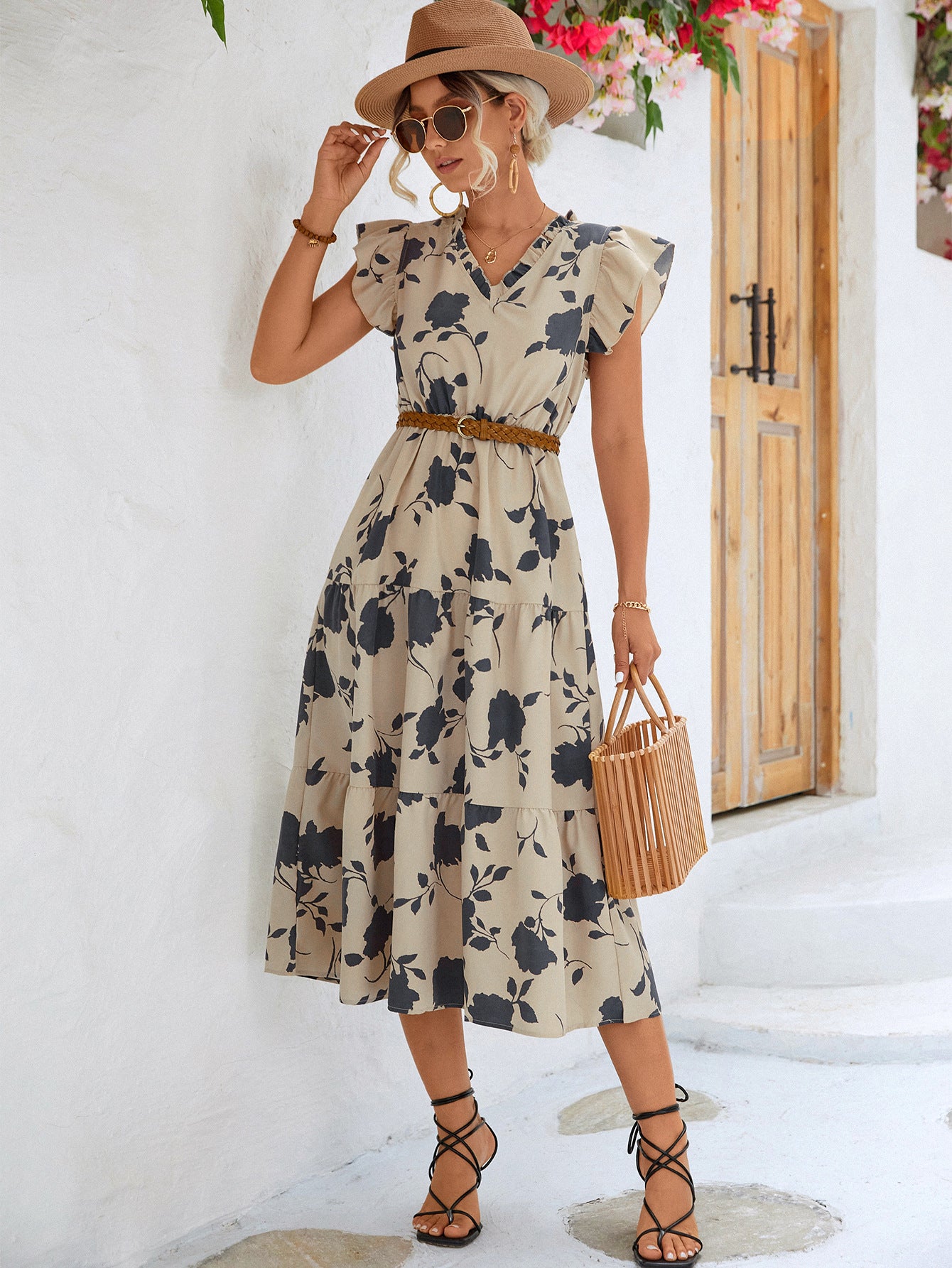 Women's Floral Frill Trim V-Neck Tiered Midi Dress