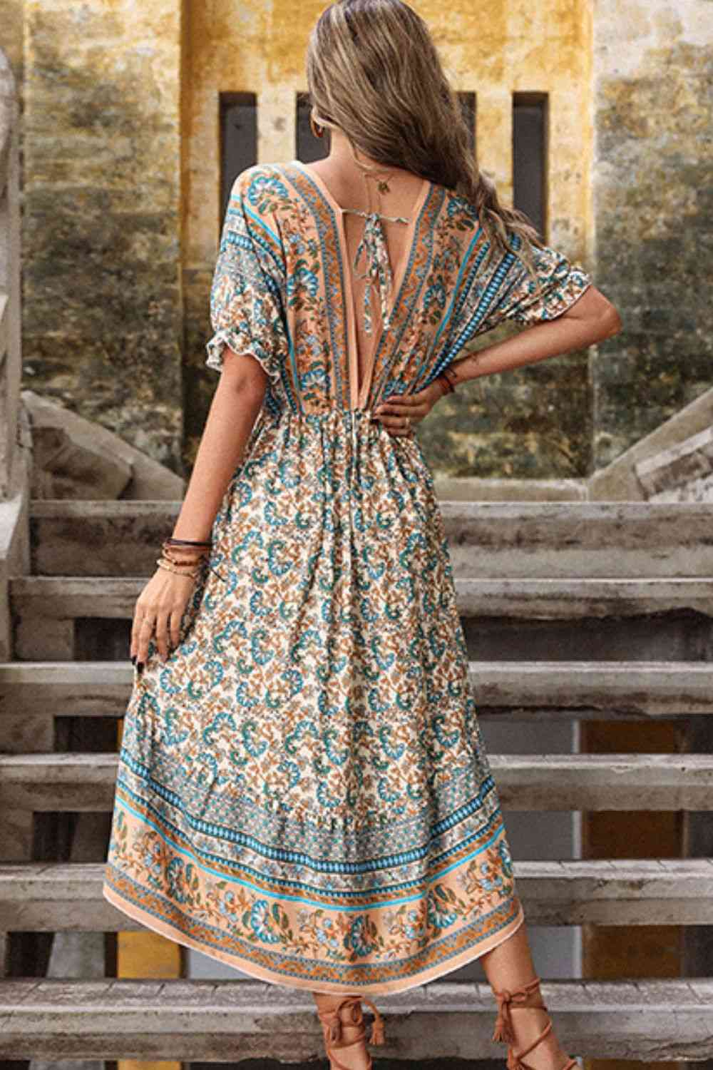 Full Size Bohemian High-Low Open Back Dress