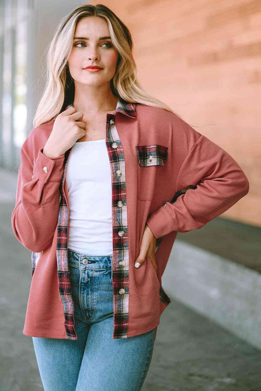 Full Size Plaid Button Down Collared Jacket