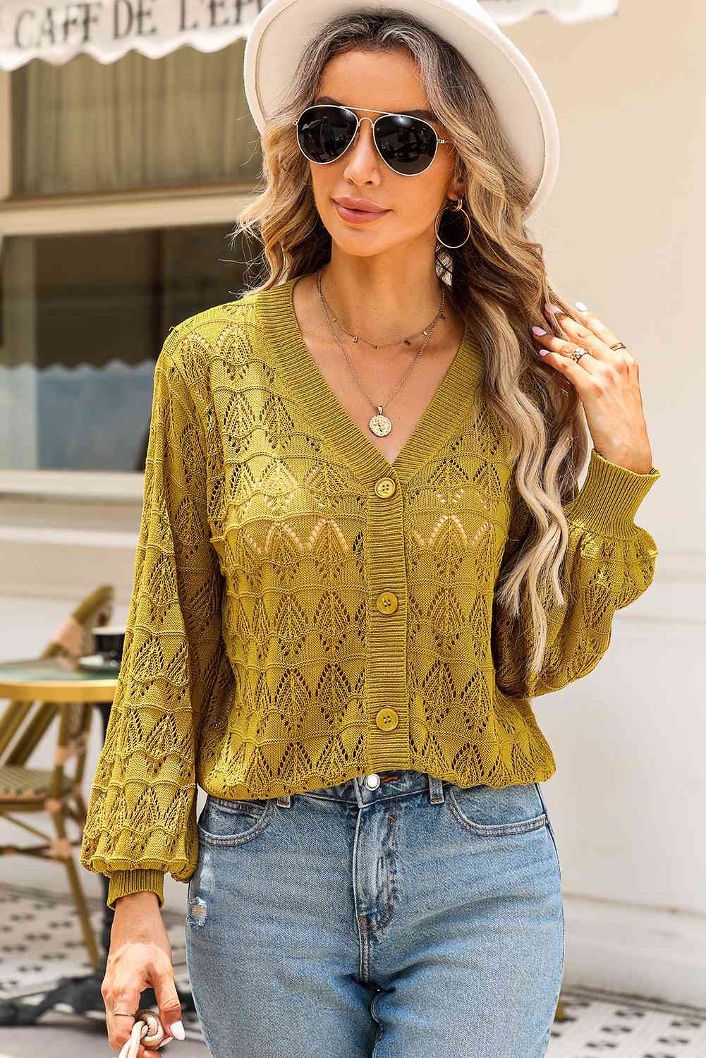 Full Size Openwork V-Neck Cardigan