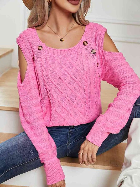 KnittedEmporium Decorative Button Cold-Shoulder Sweater