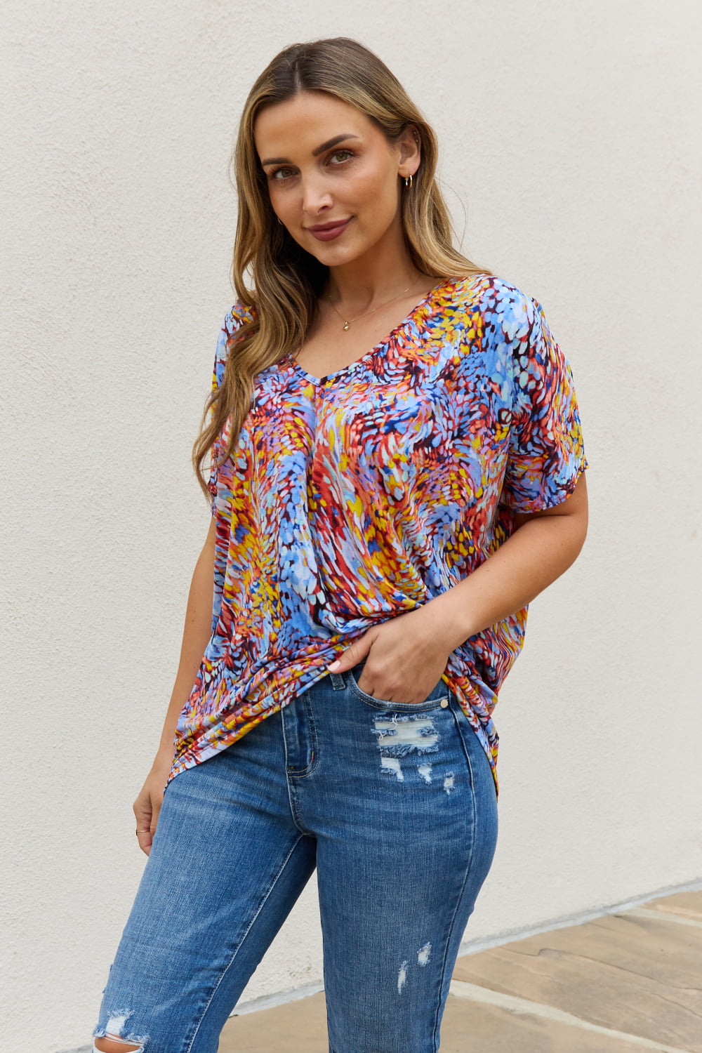 Be Stage Full Size Printed Dolman Flowy Top *