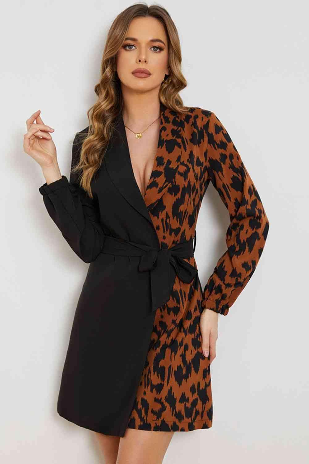 Leopard Color Block Belted Shawl Collar Dress