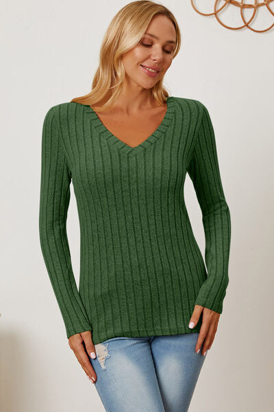 Basic Bae Full Size Ribbed V-Neck Long Sleeve T-Shirt *
