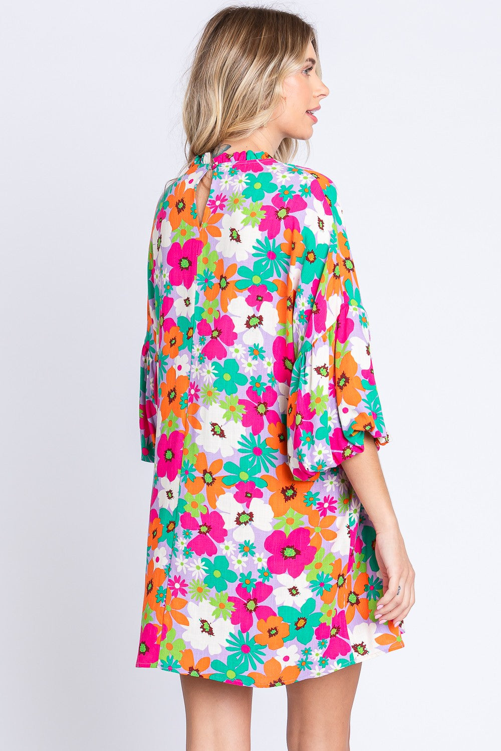 GeeGee Full Size Floral Round Neck Lantern Sleeve Mini Dress *
