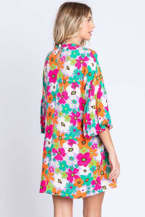 GeeGee Full Size Floral Round Neck Lantern Sleeve Mini Dress *