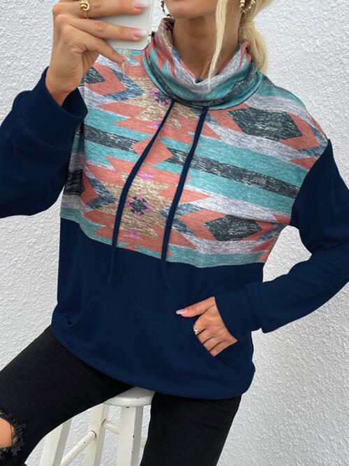 Geometric Drawstring Long-Sleeve Sweatshirt