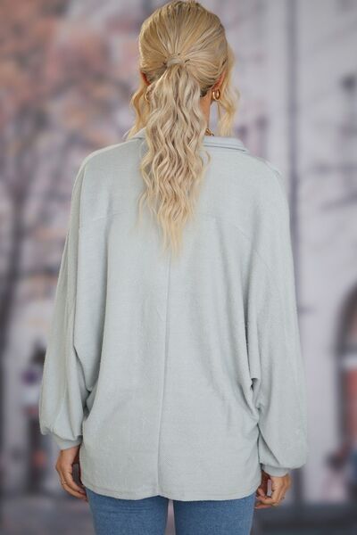 Opaque Full Size Light Gray Half Button Collared Neck Long Sleeve Sweatshirt