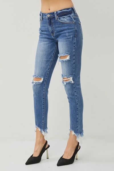 RISEN Distressed Frayed Hem Slim Jeans *