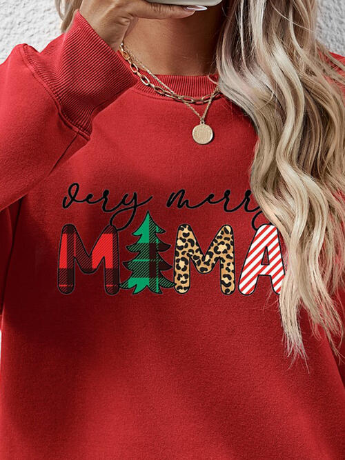 Christmas Themed VERY MERRY MAMA Letter Graphic Round Neck Long Sleeve Sweatshirt