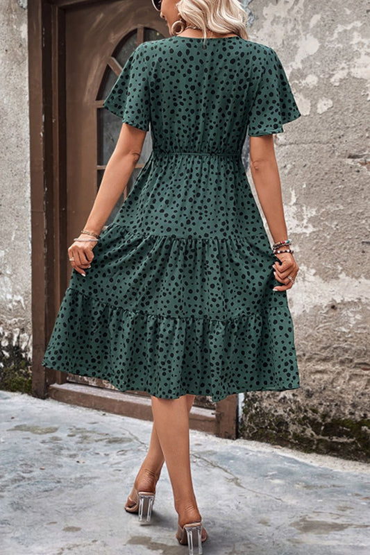 HANNAH Printed Buttoned V-Neck Flutter Sleeve Dress