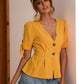 Buttoned V-Neck Short Sleeve Blouse