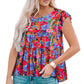 Women's Floral Round Neck Frill Trim Short Sleeve Blouse