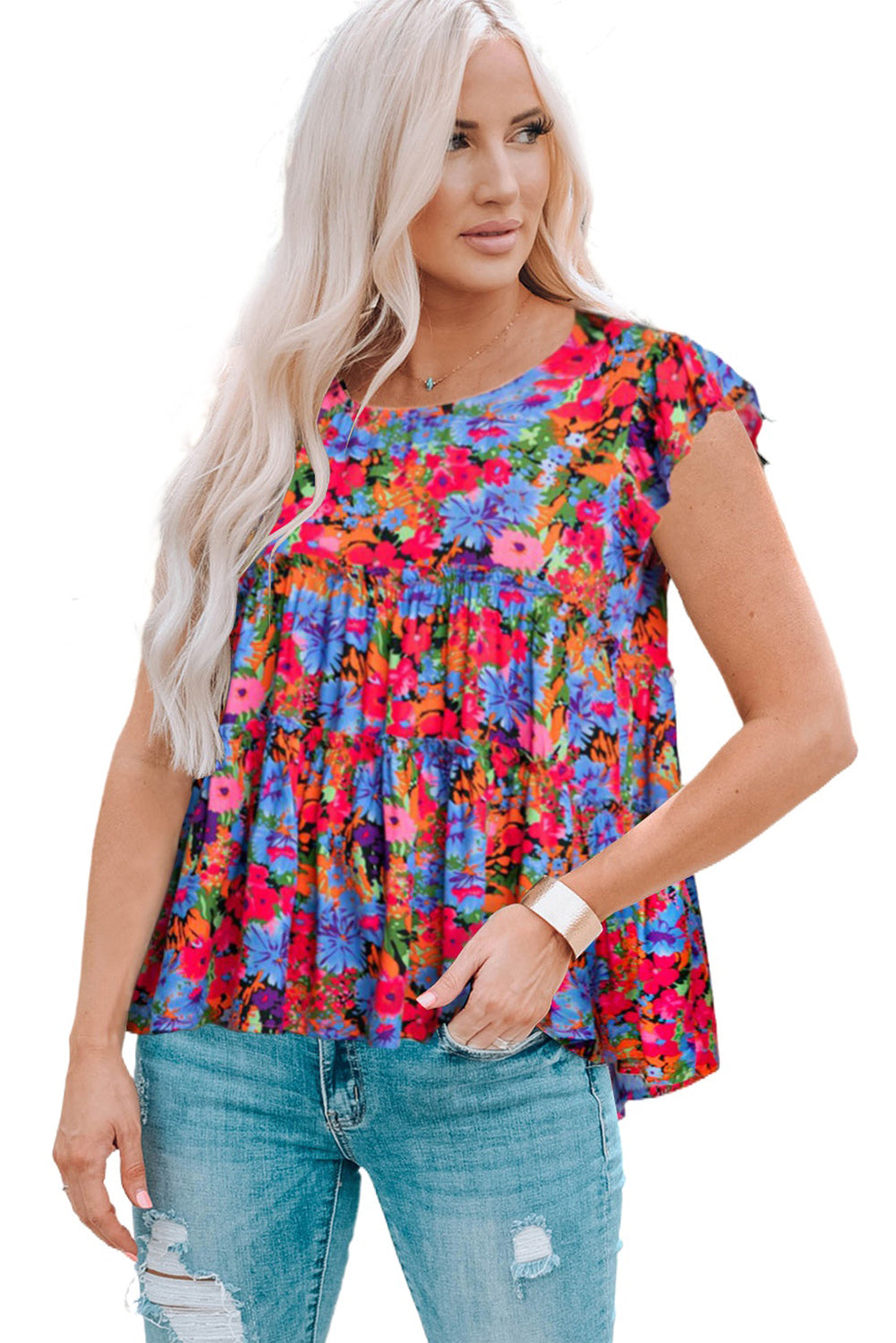 Women's Floral Round Neck Frill Trim Short Sleeve Blouse