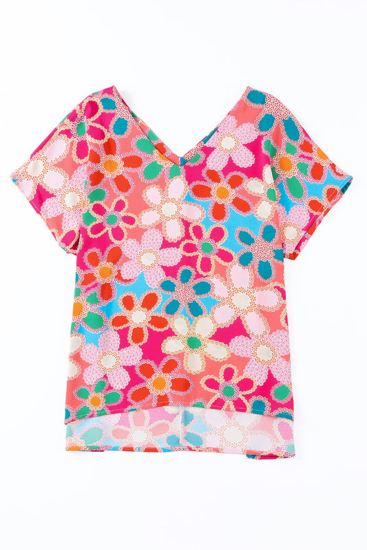 Women's High-Low V-Neck Short Sleeve Blouse