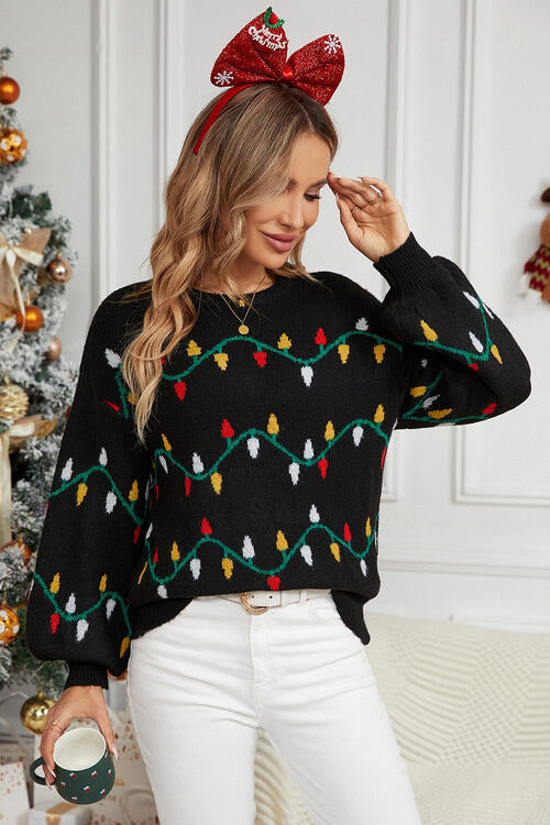 CHRISTMAS THEMED Round Neck Pattern Lantern Sleeve Sweater