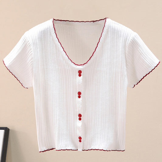 Women's Contrast Decorative Button Short Sleeve Knit Top