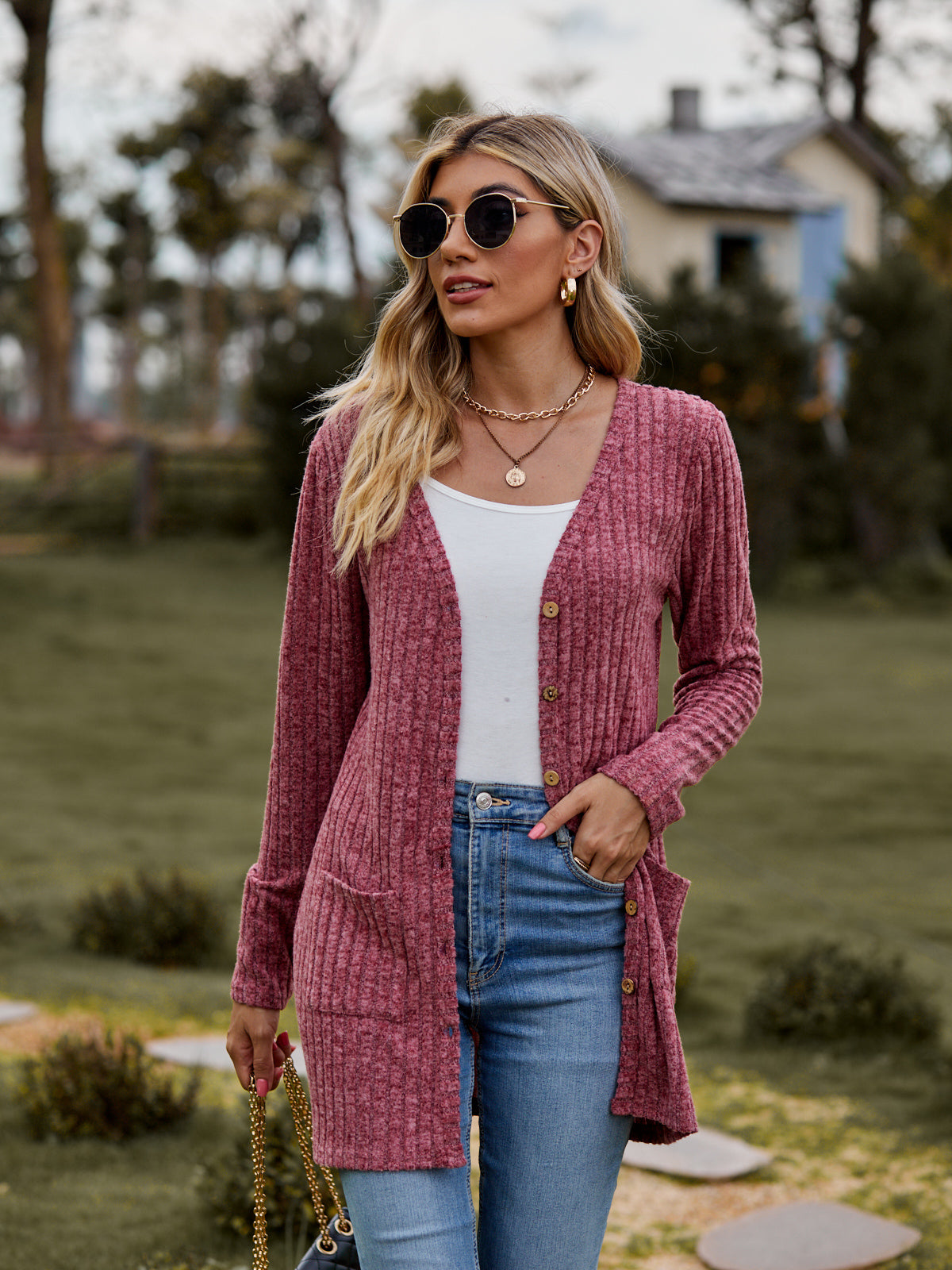 Full Size Ribbed Button-UP Cardigan with Pockets