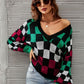 Checkered V-Neck Lantern Sleeve Sweater