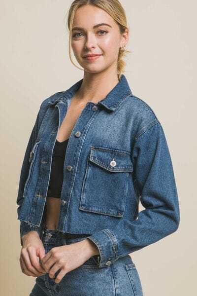 LOVE TREE Raw Hem Button Up Cropped Denim Jacket *