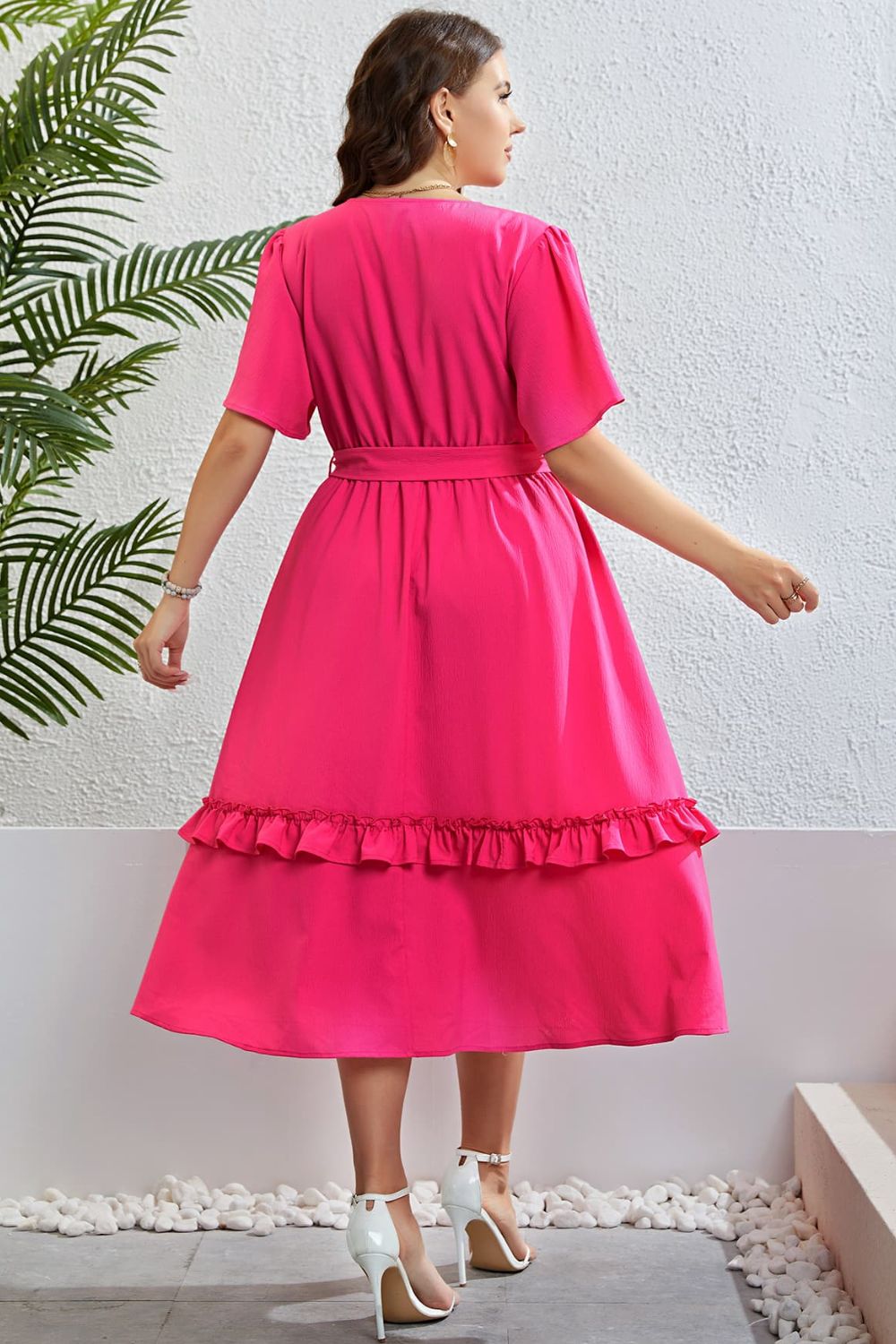 Plus Size Belted Frill Trim Flutter Sleeve Dress