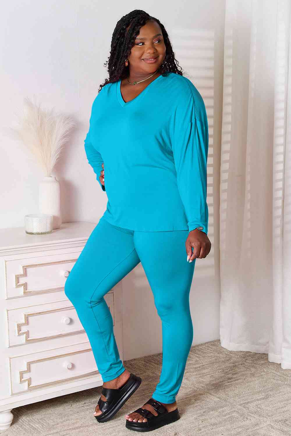 Basic Bae Full Size V-Neck Soft Rayon Long Sleeve Top and Pants Lounge Set *