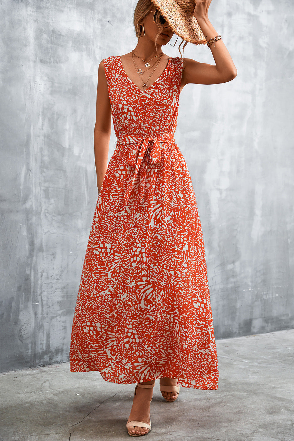 Full Size Printed V-Neck Tie Waist Maxi Dress