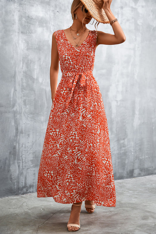 Full Size Printed V-Neck Tie Waist Maxi Dress