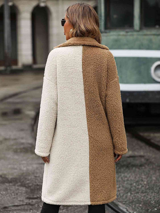 Adrien Planet Camel Full Size Contrast Dropped Shoulder Sherpa Coat