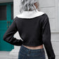 Basic Style Pink, Black, or Blue Contrast Collared Cropped Sweater