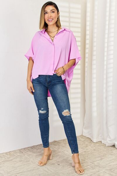 Zenana Texture Button Up Short Sleeve High-Low Shirt *