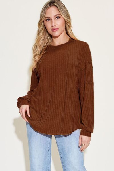 Basic Bae Full Size Ribbed Round Neck Long Sleeve T-Shirt *