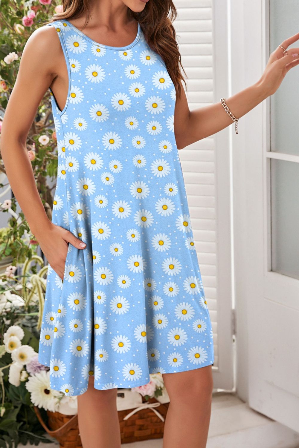 Full Size Printed Round Neck Sleeveless Dress