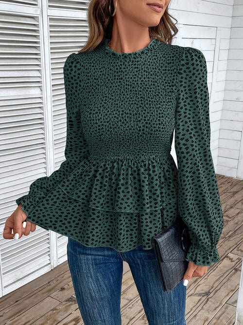 Laken Jay Printed Round Neck Smocked Flounce Sleeve T-Shirt