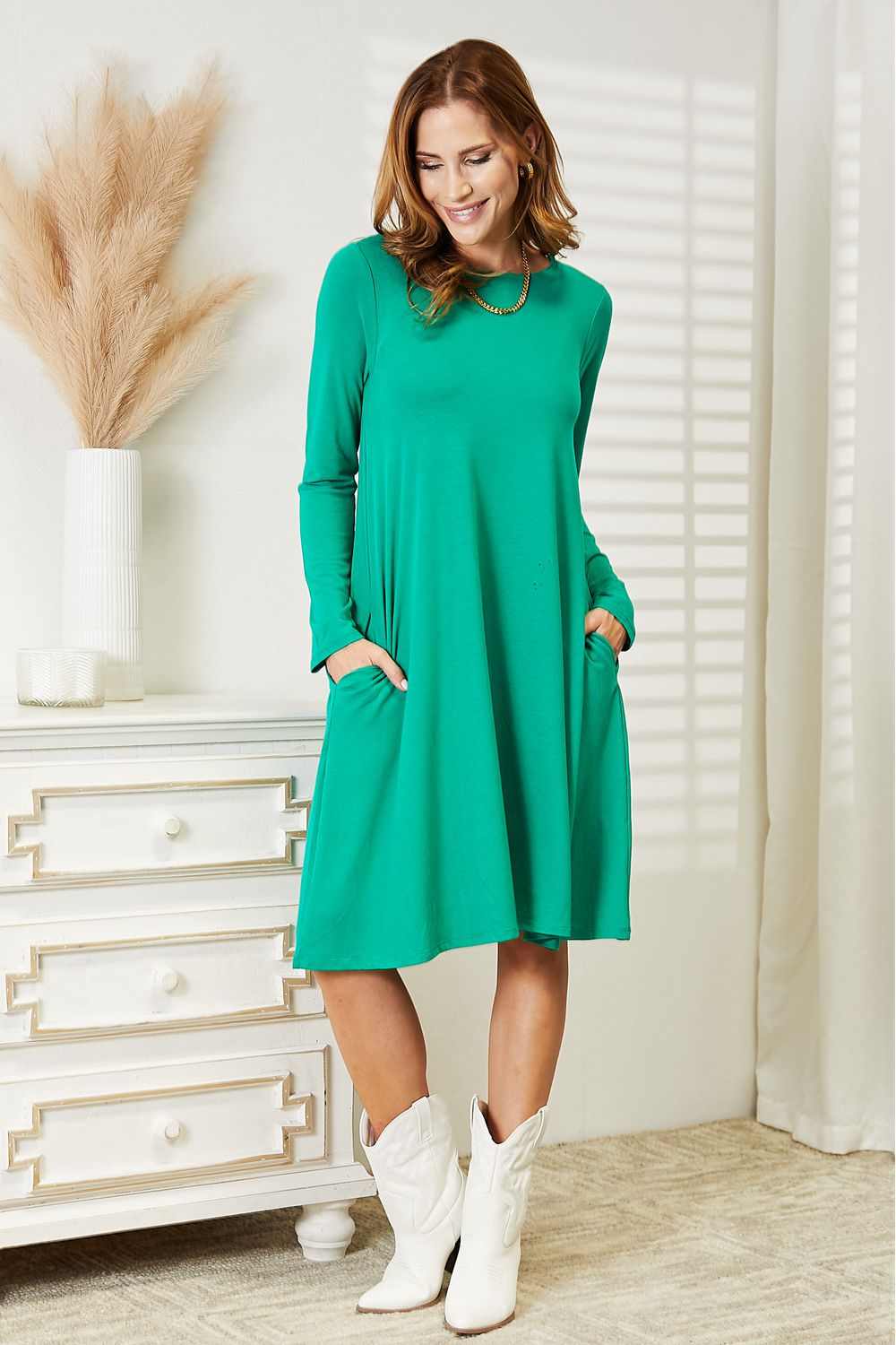 Zenana Full Size Teal Long Sleeve Flare Dress with Pockets