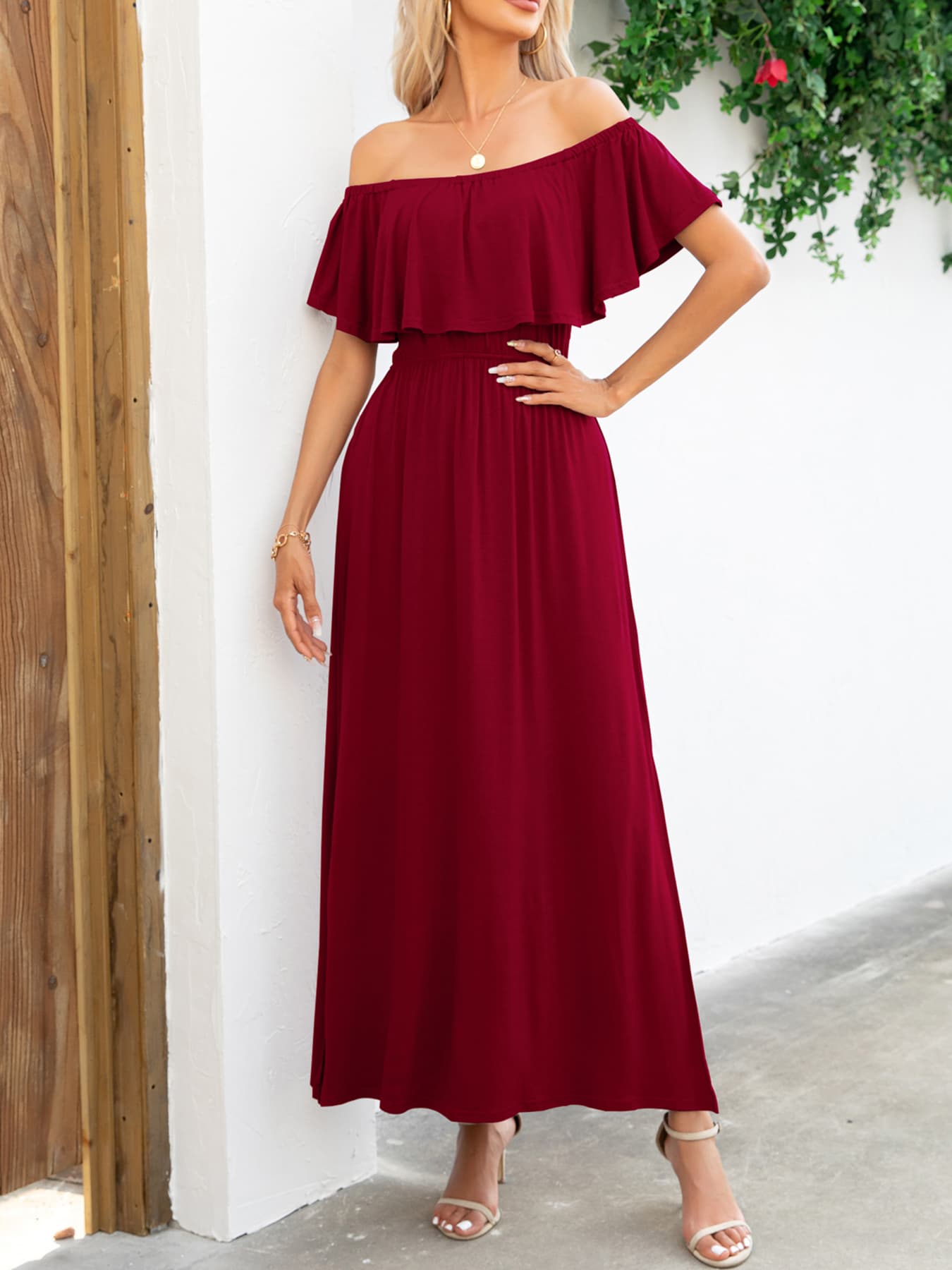 OCEANSIDE Full Size Off-Shoulder Slit Maxi Dress